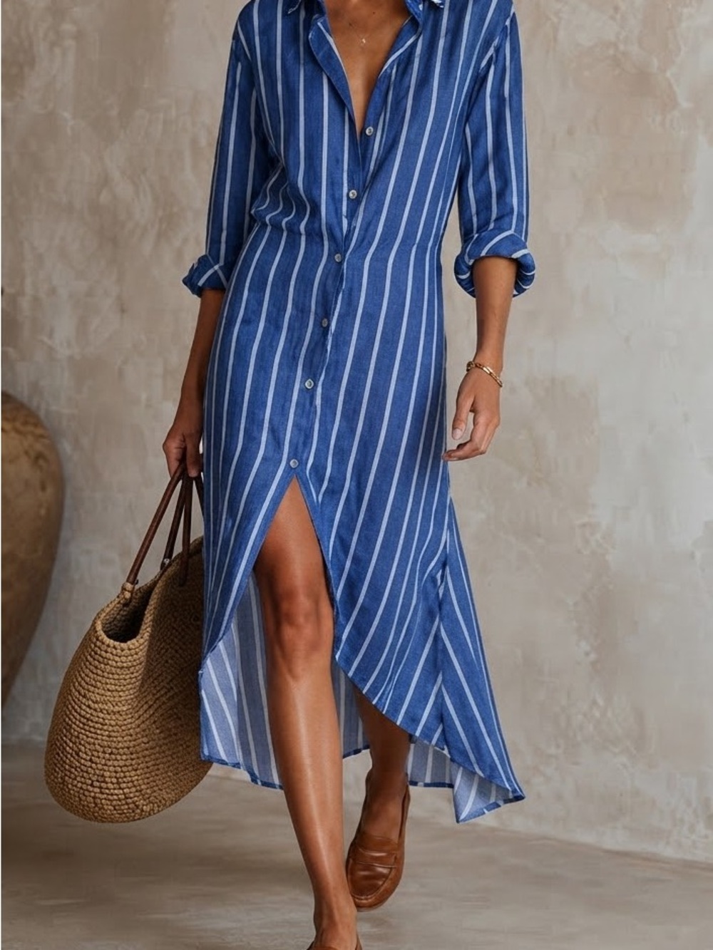Blue Striped Button-Front Shirt Dress